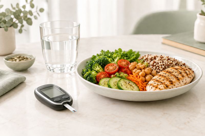 Prato equilibrado com salada, grãos e frango ao lado de um copo de água