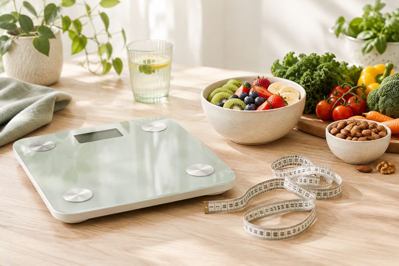 Mesa com frutas, castanhas, balança e fita métrica em luz natural