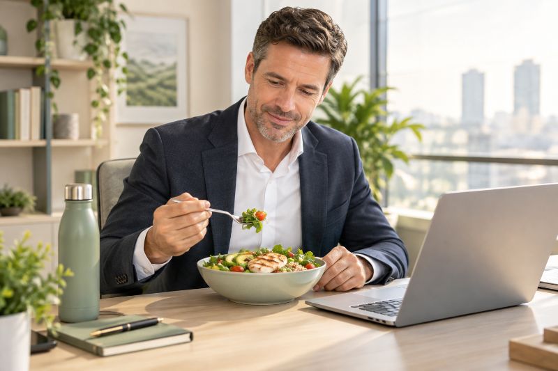 Homem de terno fazendo uma refeição equilibrada à mesa de trabalho
