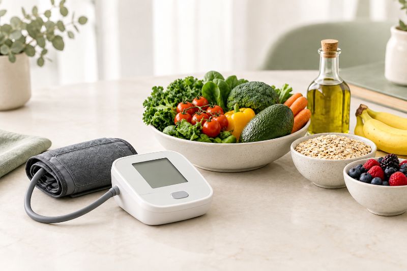 Tigela de verduras e legumes, aveia, frutas e azeite sobre a mesa