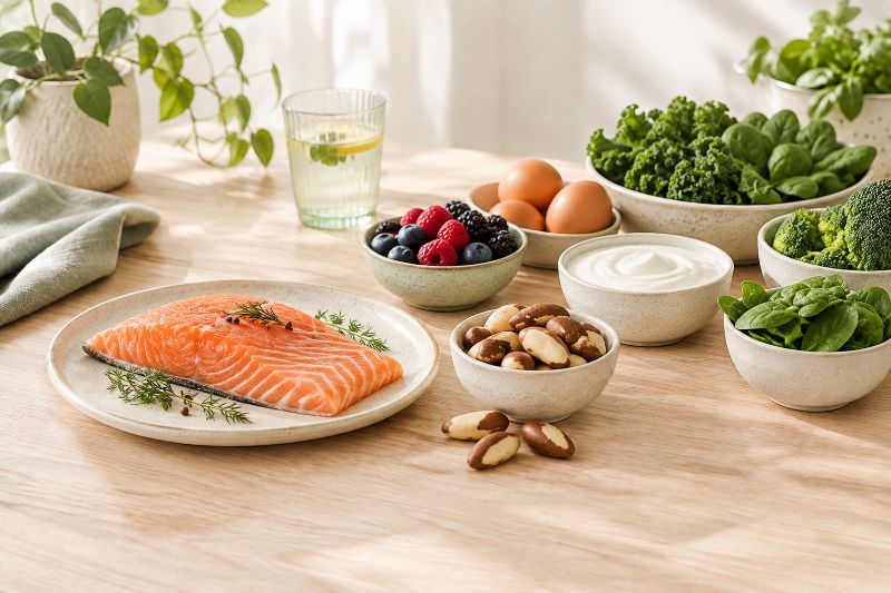 Mesa com salmão, ovos, castanhas, iogurte e folhas verdes