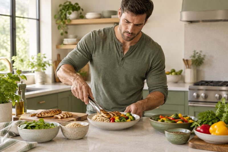Homem preparando uma refeição equilibrada na cozinha